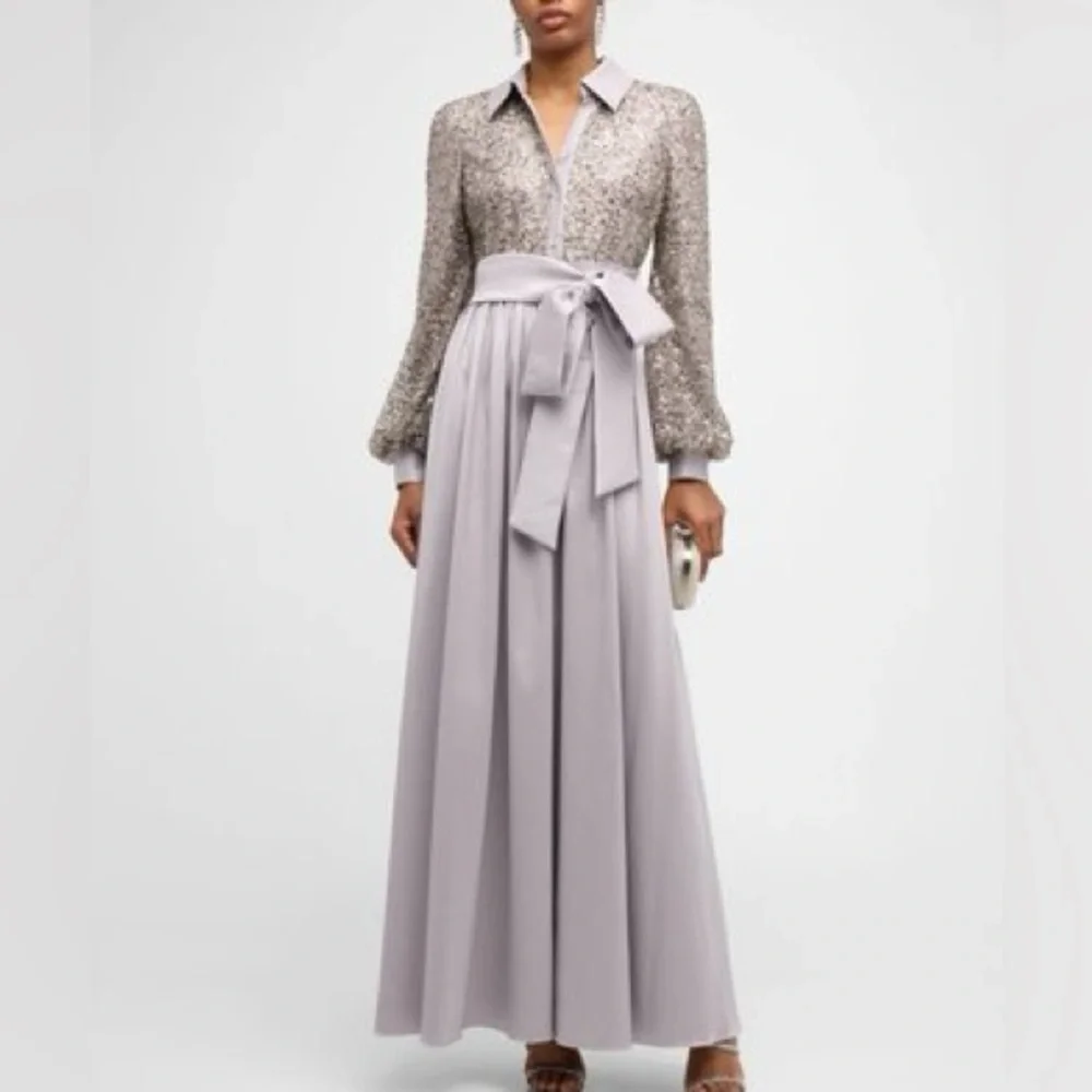 NWOT Badgley Mischka Collection Blouson Sleeve Sequin Shirt Gown